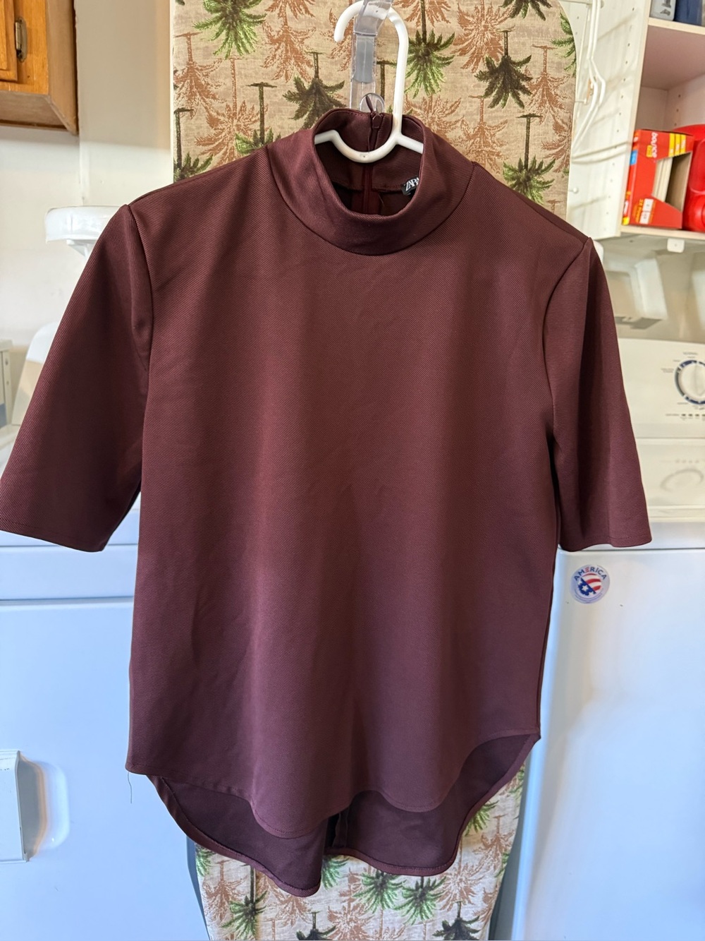 Zara Dark Brown closed Neck Short Sleeve Top relaxed fit